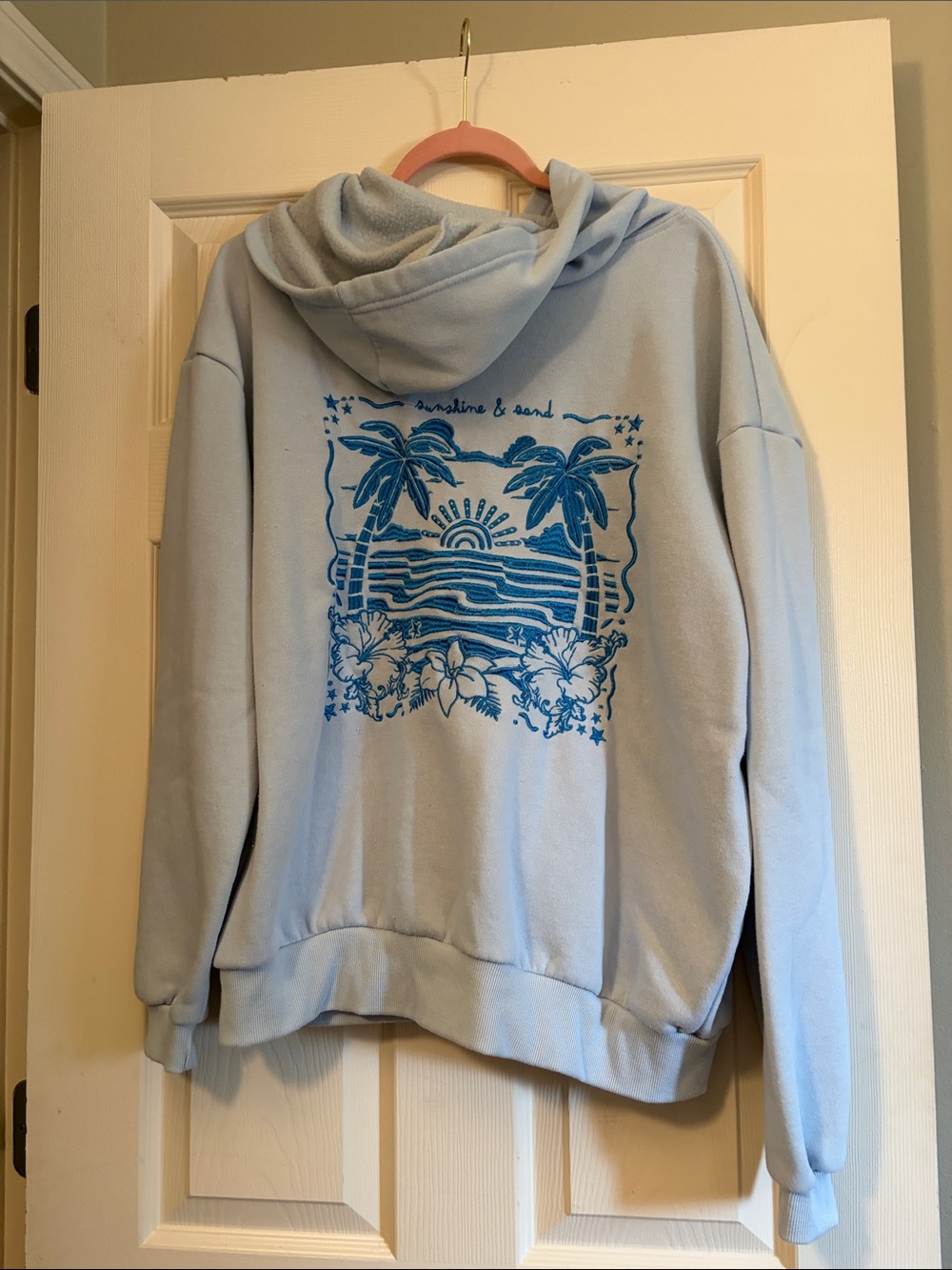 Men's Light Blue Zip-Up Hoodie with Tropical Back Graphic